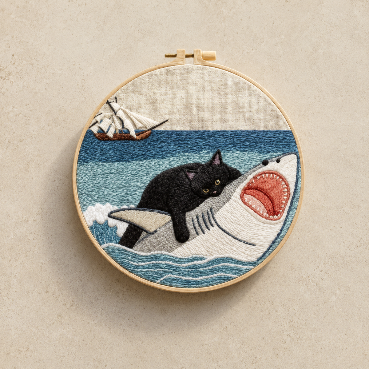 Black Cat Riding Shark Embroidery Kit