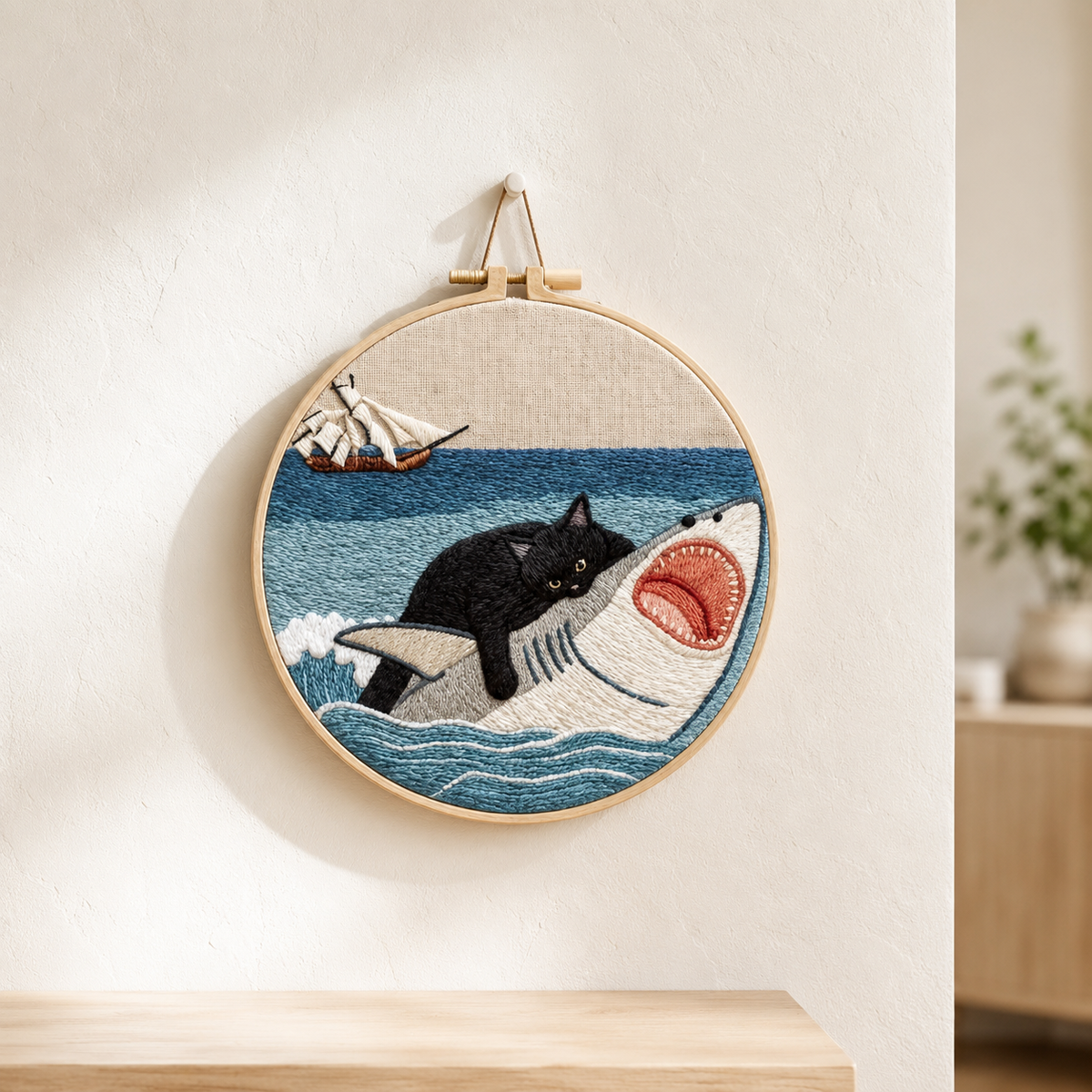 Black Cat Riding Shark Embroidery Kit