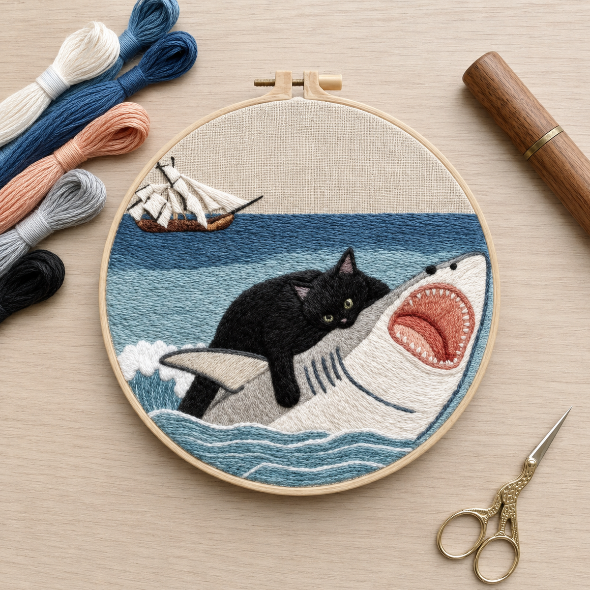Black Cat Riding Shark Embroidery Kit