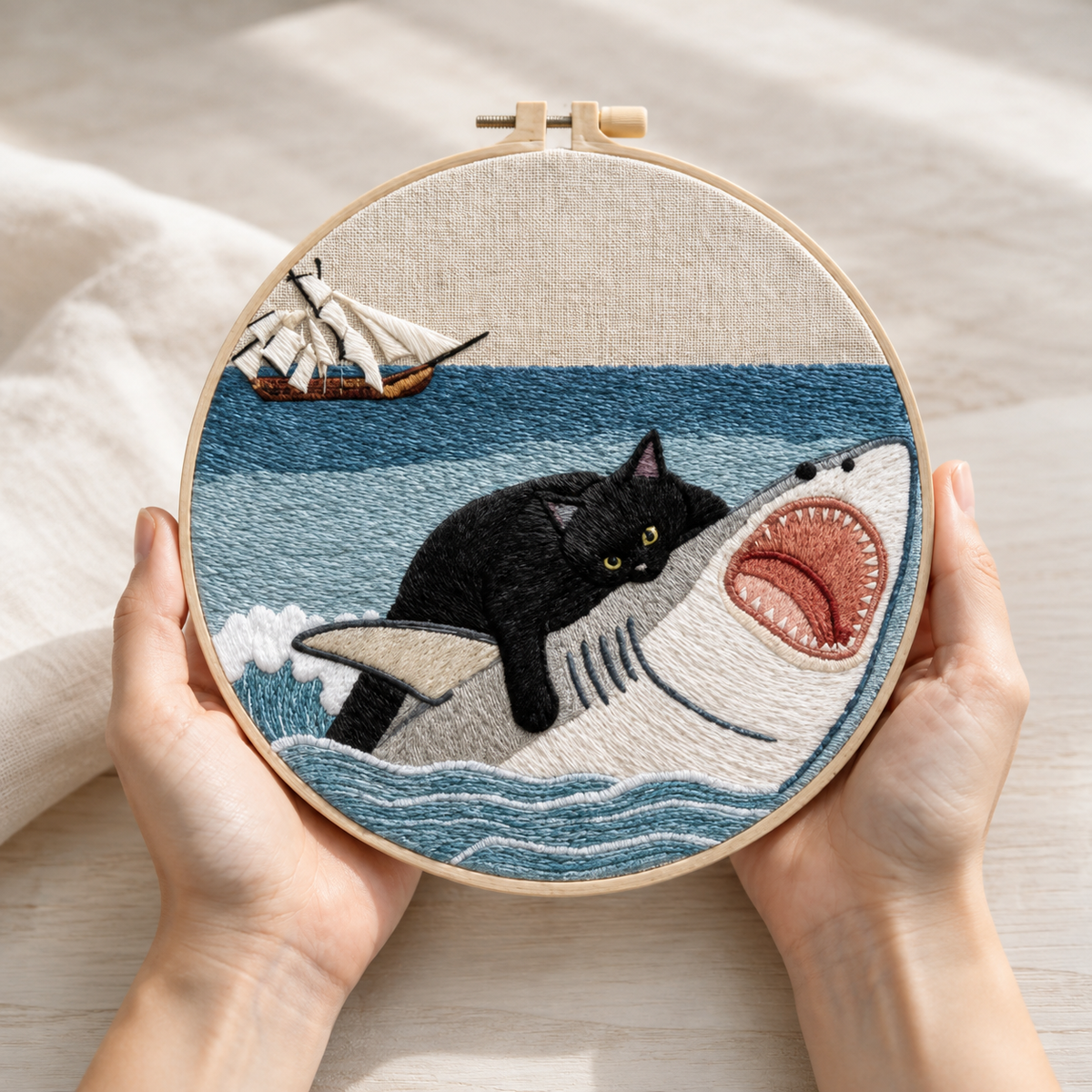 Black Cat Riding Shark Embroidery Kit