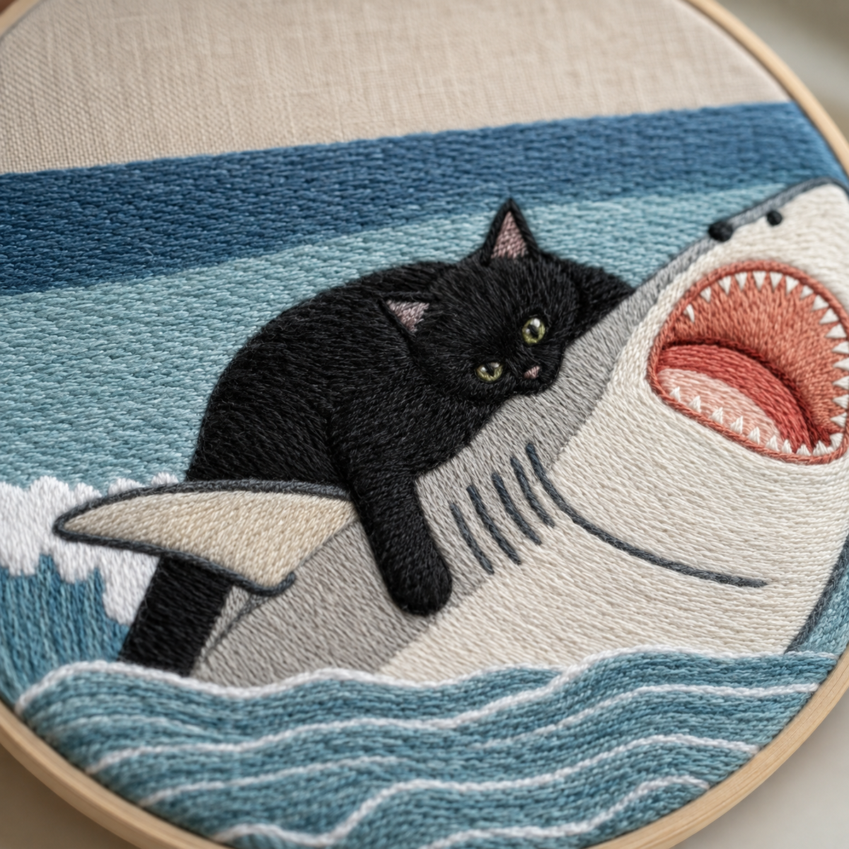 Black Cat Riding Shark Embroidery Kit