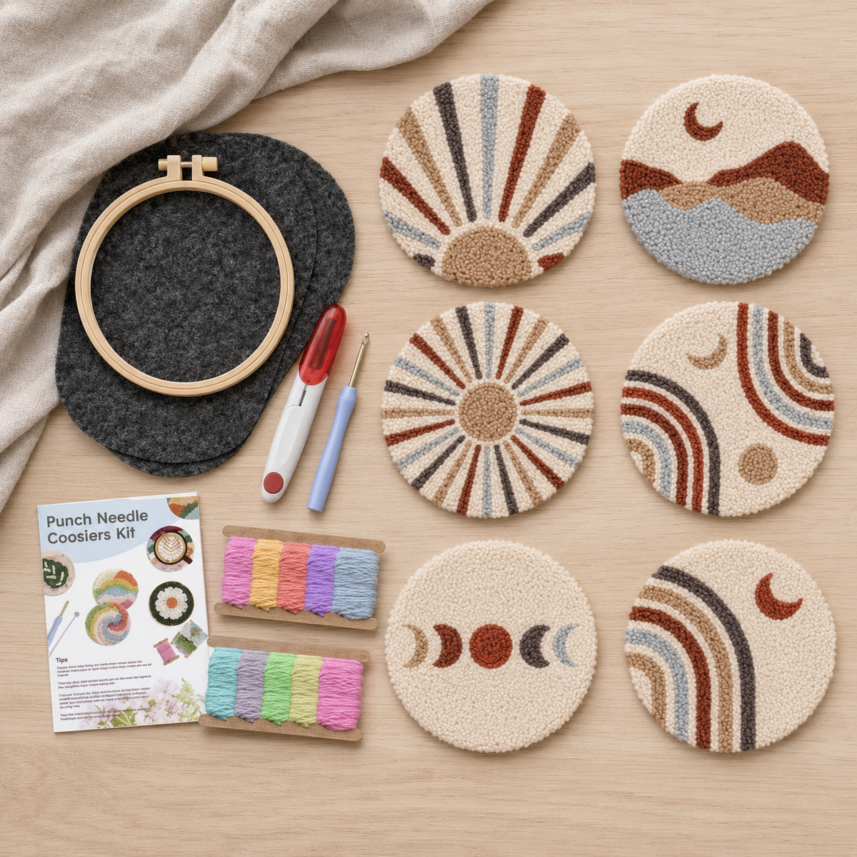 Boho Sunset Landscape Punch Needle Coaster Set