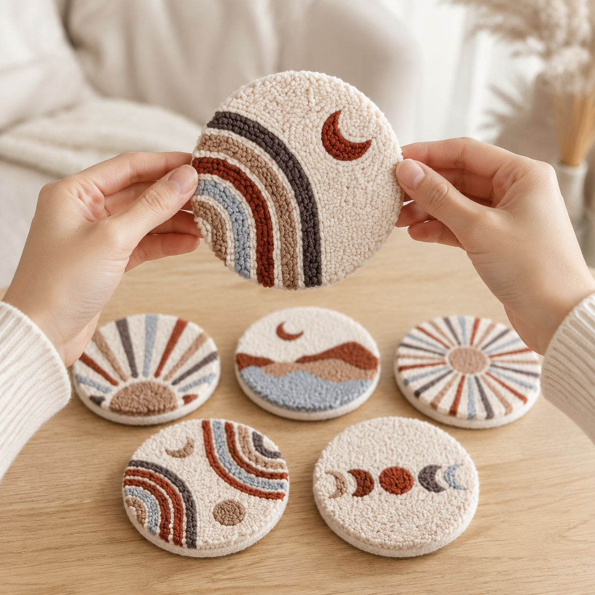 Boho Sunset Landscape Punch Needle Coaster Set