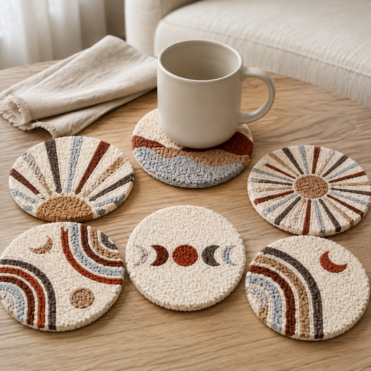 Boho Sunset Landscape Punch Needle Coaster Set
