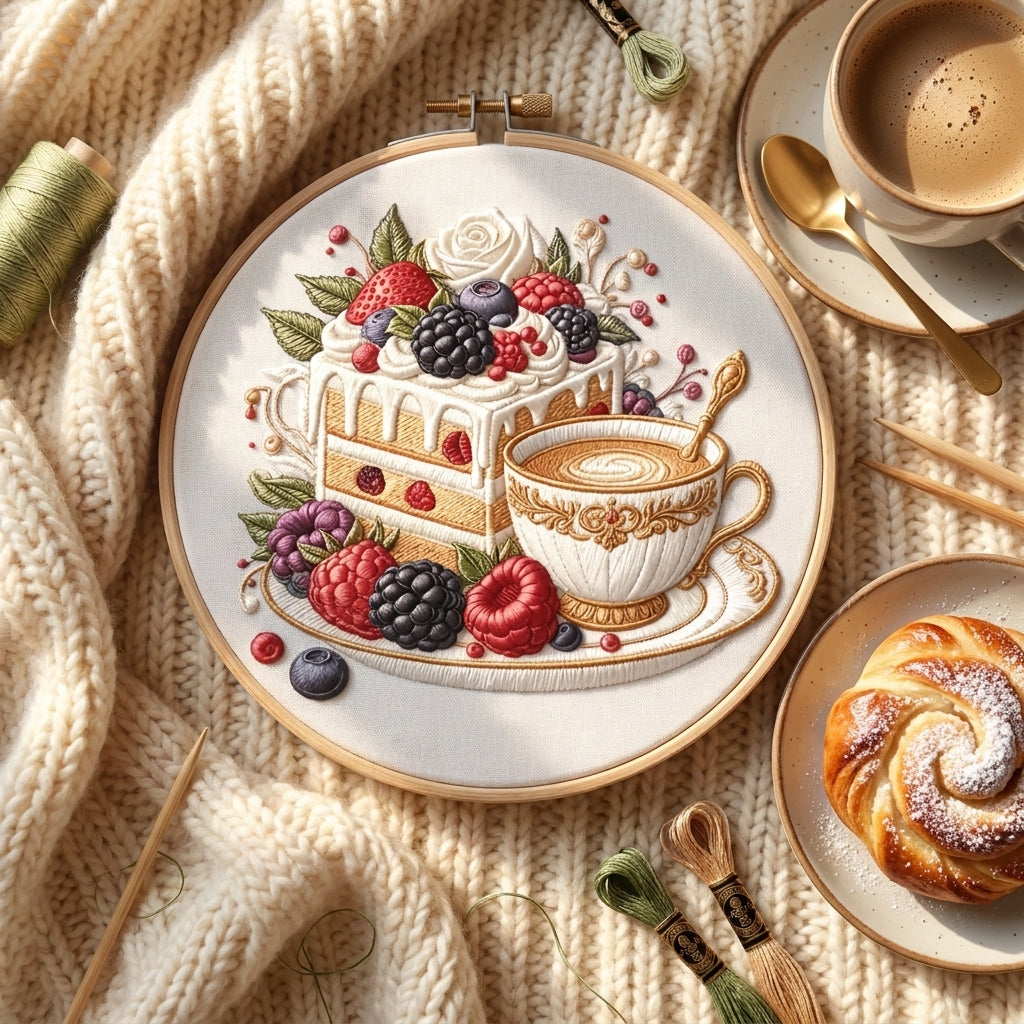 Cake and coffee embroidery hoop styled with coffee and a cozy blanket