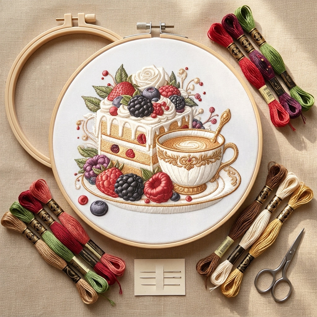 Cake and coffee embroidery kit contents flat lay with threads and hoop