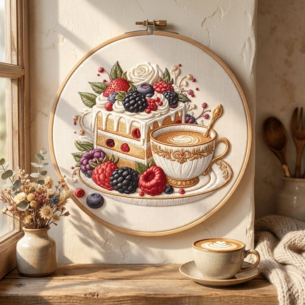 Cake and coffee embroidery hoop styled in a cozy kitchen