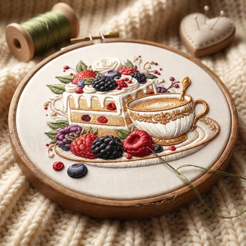 Close-up of cake and coffee embroidery stitching detail