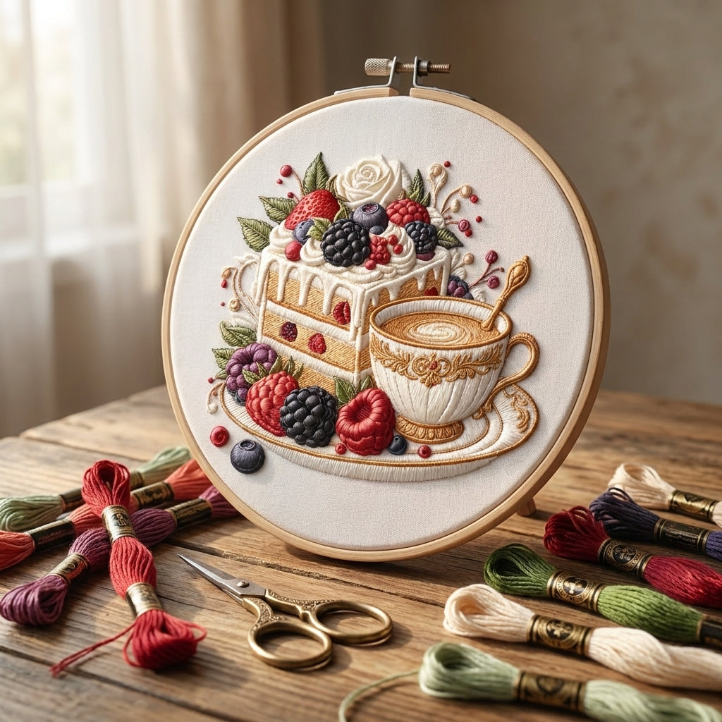 Cake and coffee embroidery kit styled on a wooden table
