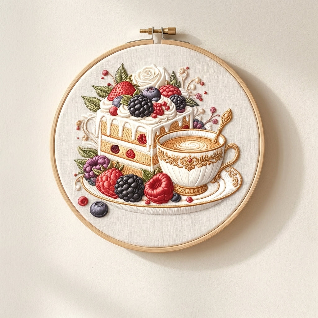 Finished cake and coffee embroidery hoop hanging on a wall