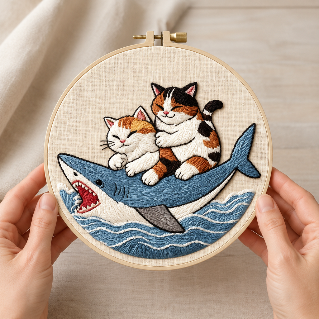 Cats Riding Shark Embroidery Kit