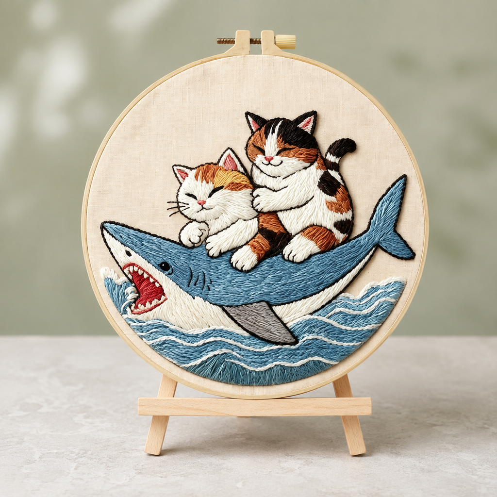 Cats Riding Shark Embroidery Kit