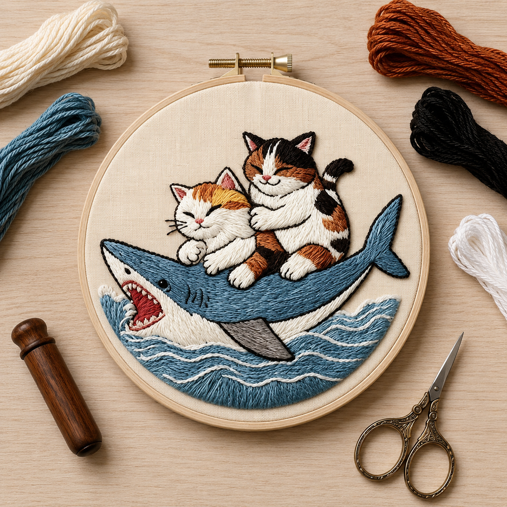 Cats Riding Shark Embroidery Kit