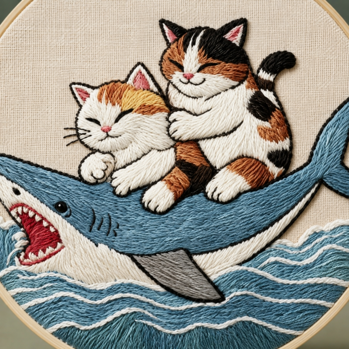 Cats Riding Shark Embroidery Kit