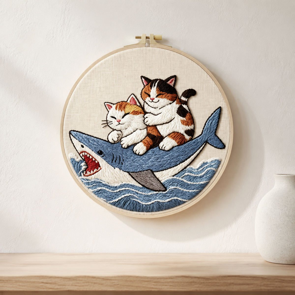 Cats Riding Shark Embroidery Kit