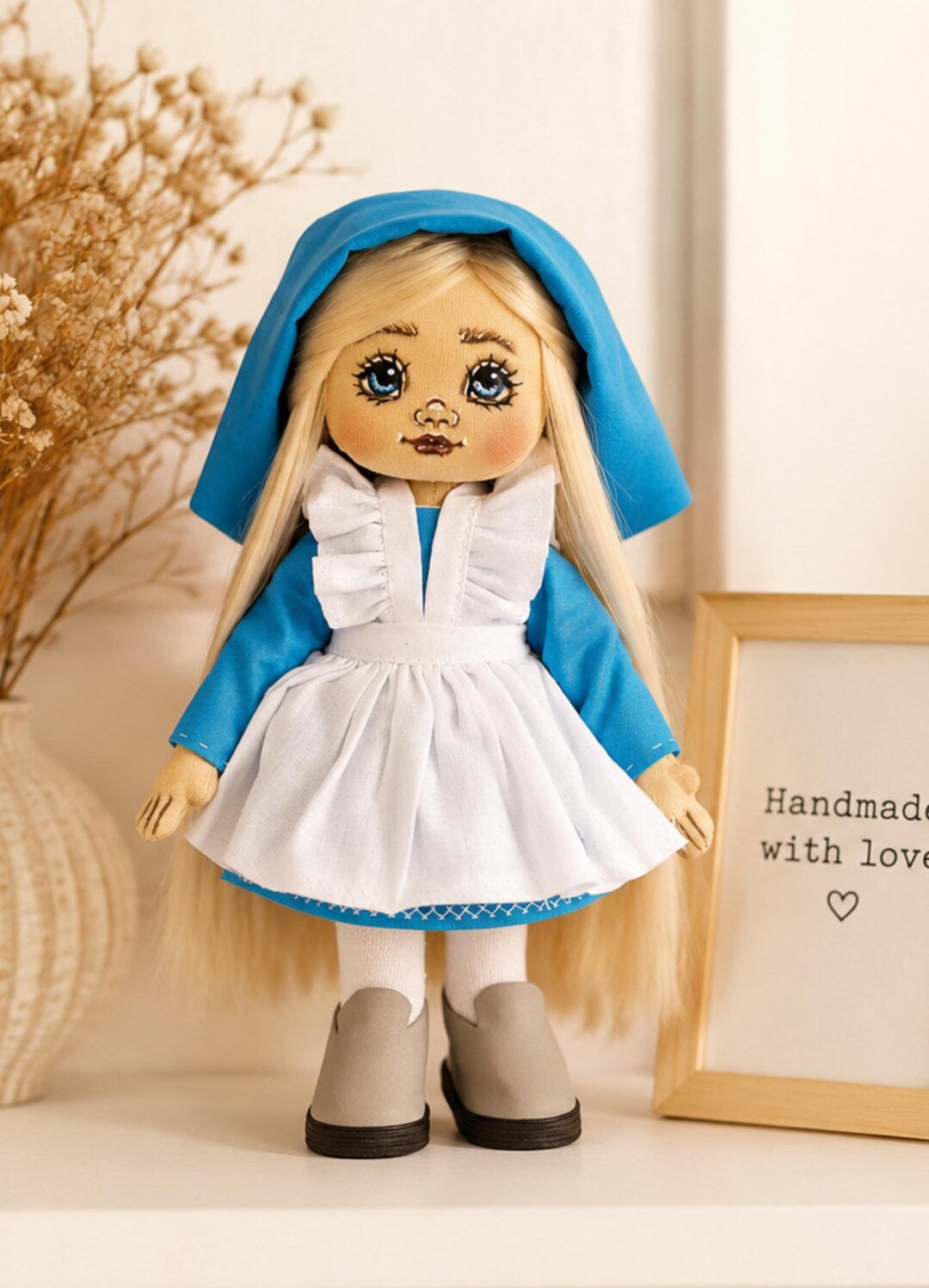 Cloth Art Doll in Blue Dress and Apron
