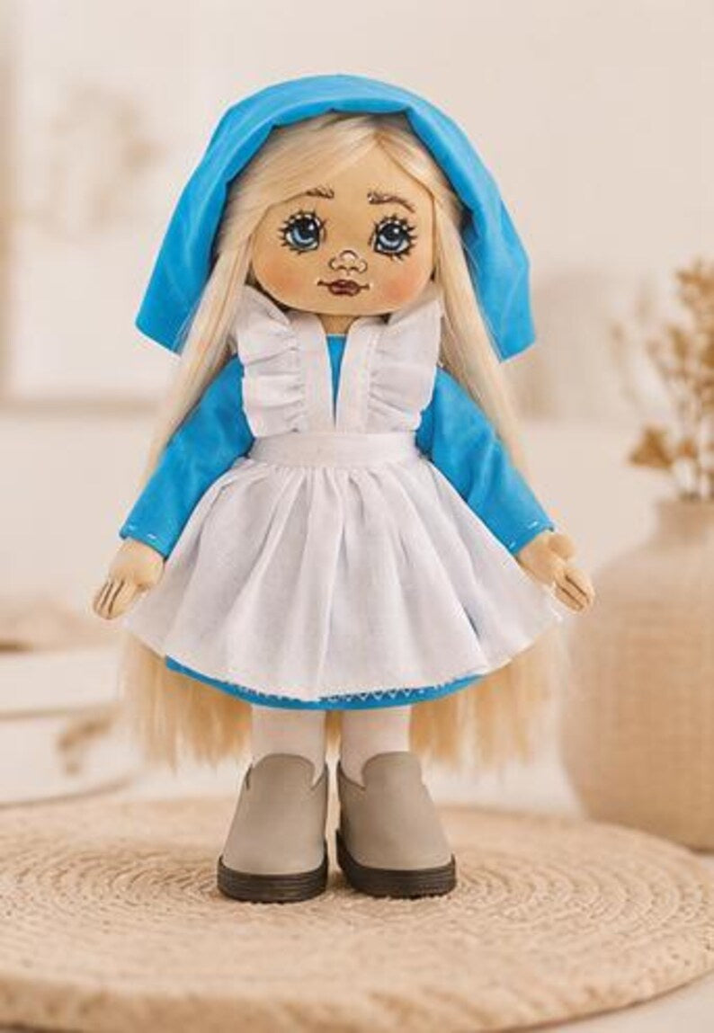 Cloth Art Doll in Blue Dress and Apron