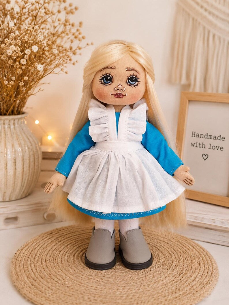 Cloth Art Doll in Blue Dress and Apron