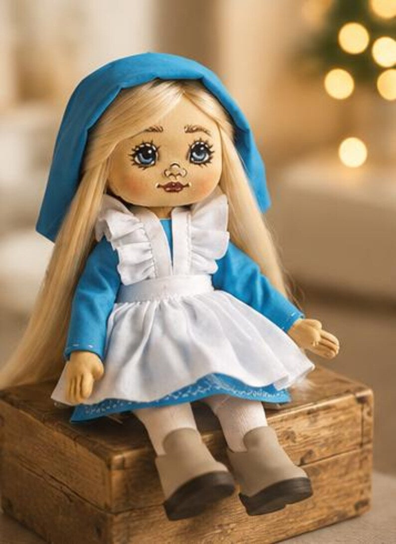 Cloth Art Doll in Blue Dress and Apron
