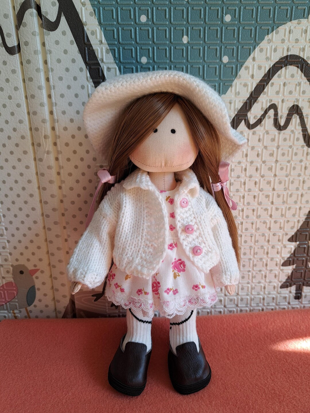 Cloth Art Doll in White Hat and Floral Dress