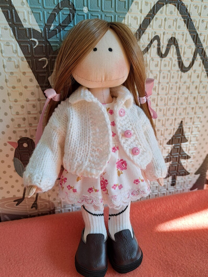 Cloth Art Doll in White Hat and Floral Dress