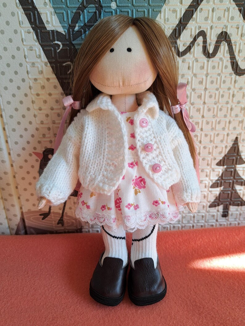Cloth Art Doll in White Hat and Floral Dress
