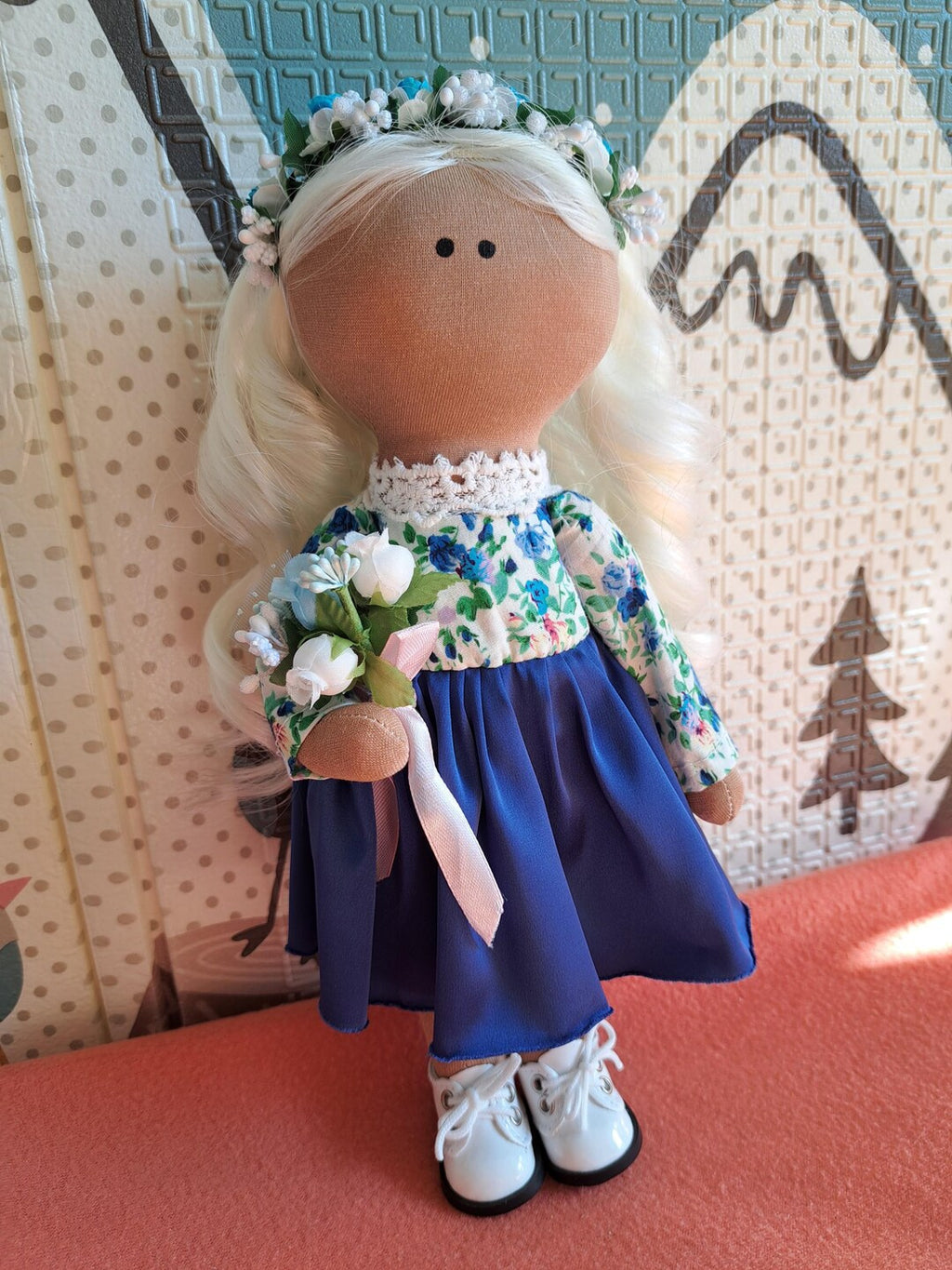 Cloth Art Doll with Flowers