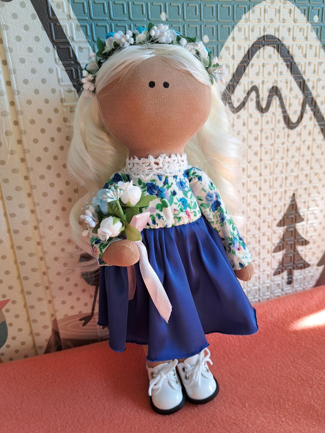 Cloth Art Doll with Flowers