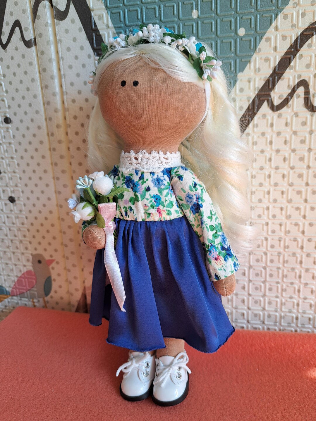 Cloth Art Doll with Flowers