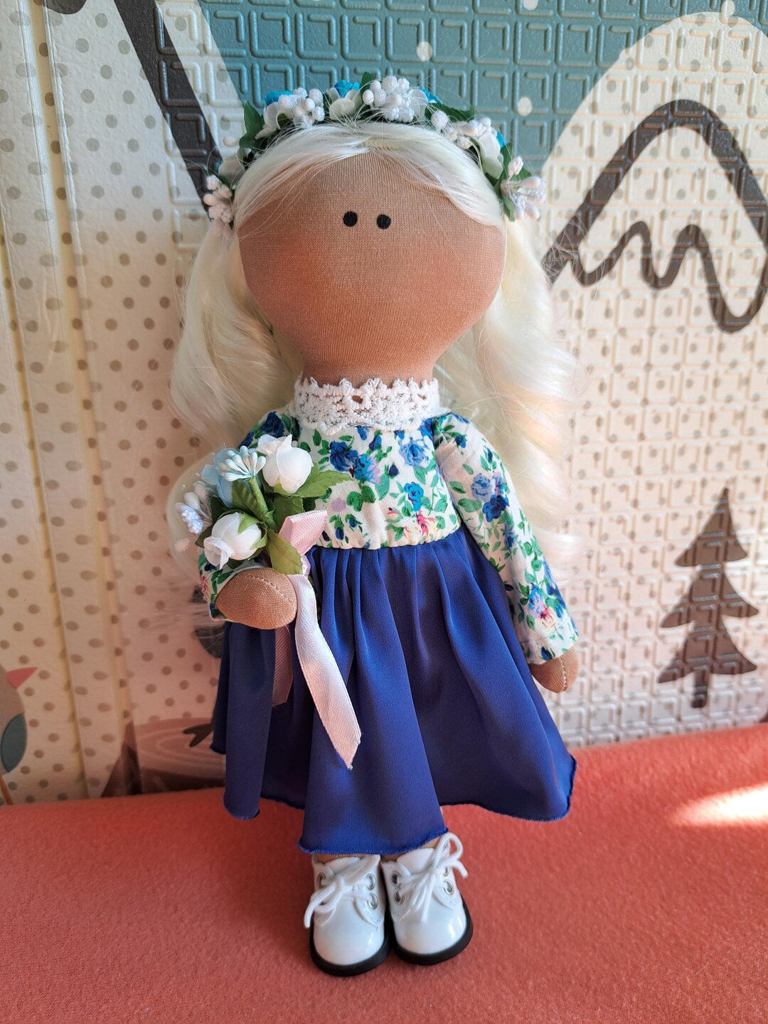 Cloth Art Doll with Flowers
