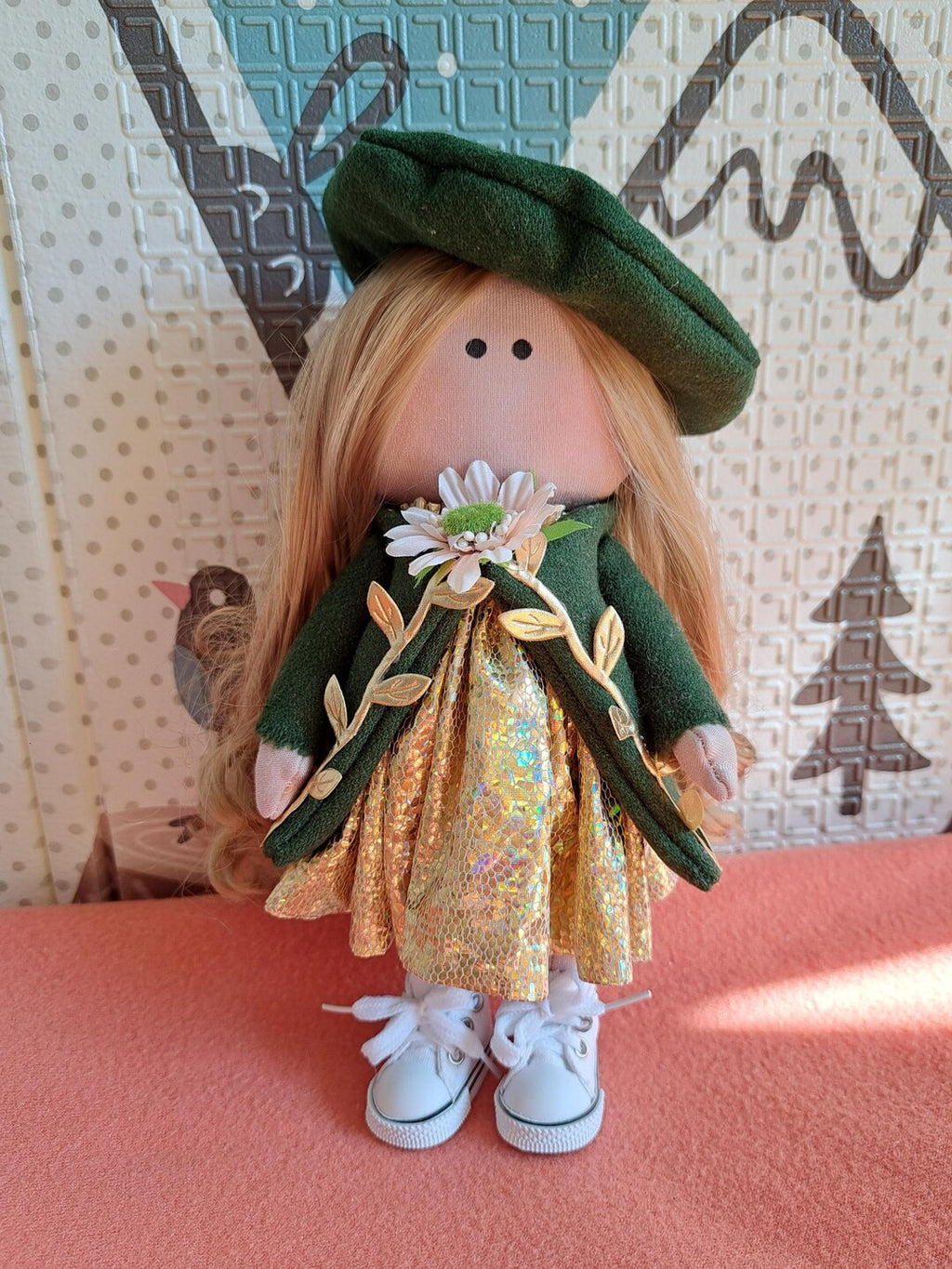 Cloth Art Doll in Green and Gold Outfit