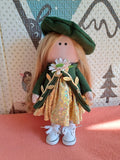 Cloth Art Doll in Green and Gold Outfit