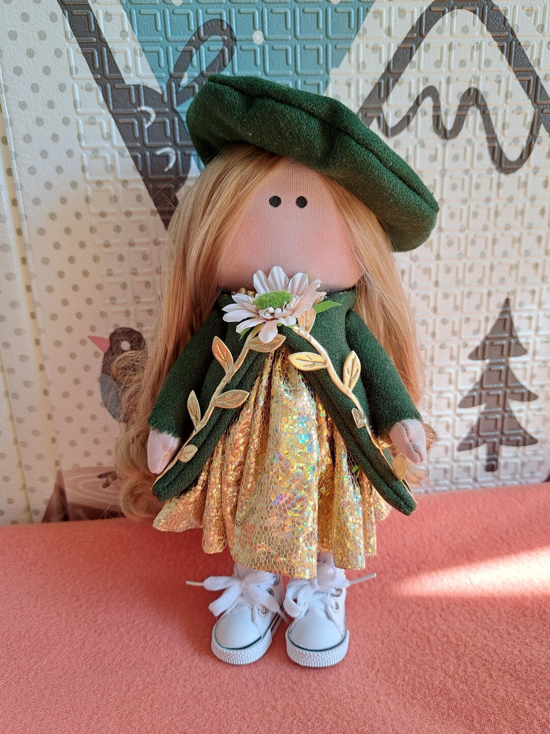 Cloth Art Doll in Green and Gold Outfit