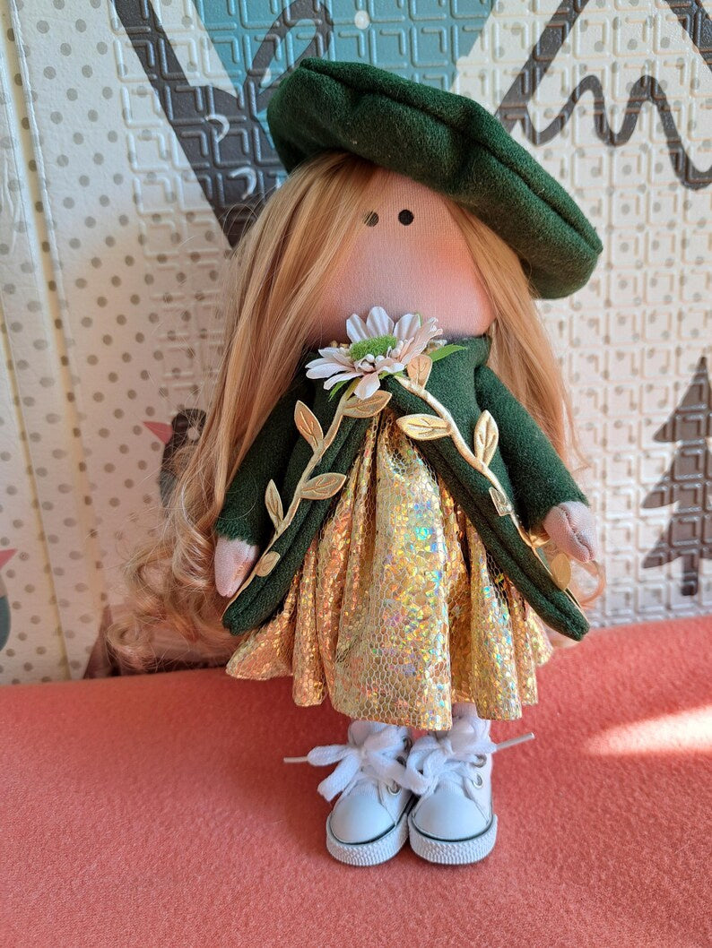 Cloth Art Doll in Green and Gold Outfit