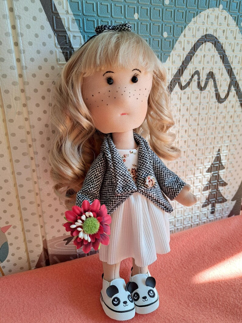 Freckled Cloth Art Doll in White Dress