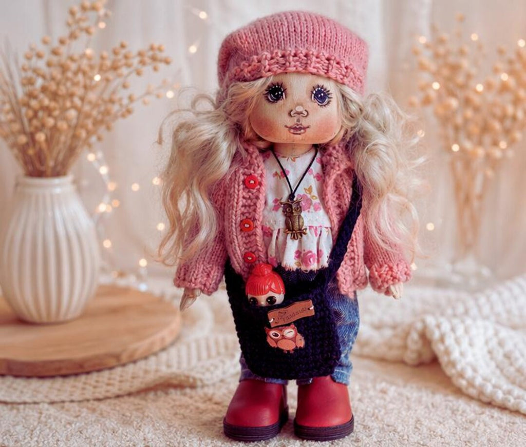 Blonde Cloth Art Doll with Owl Necklace