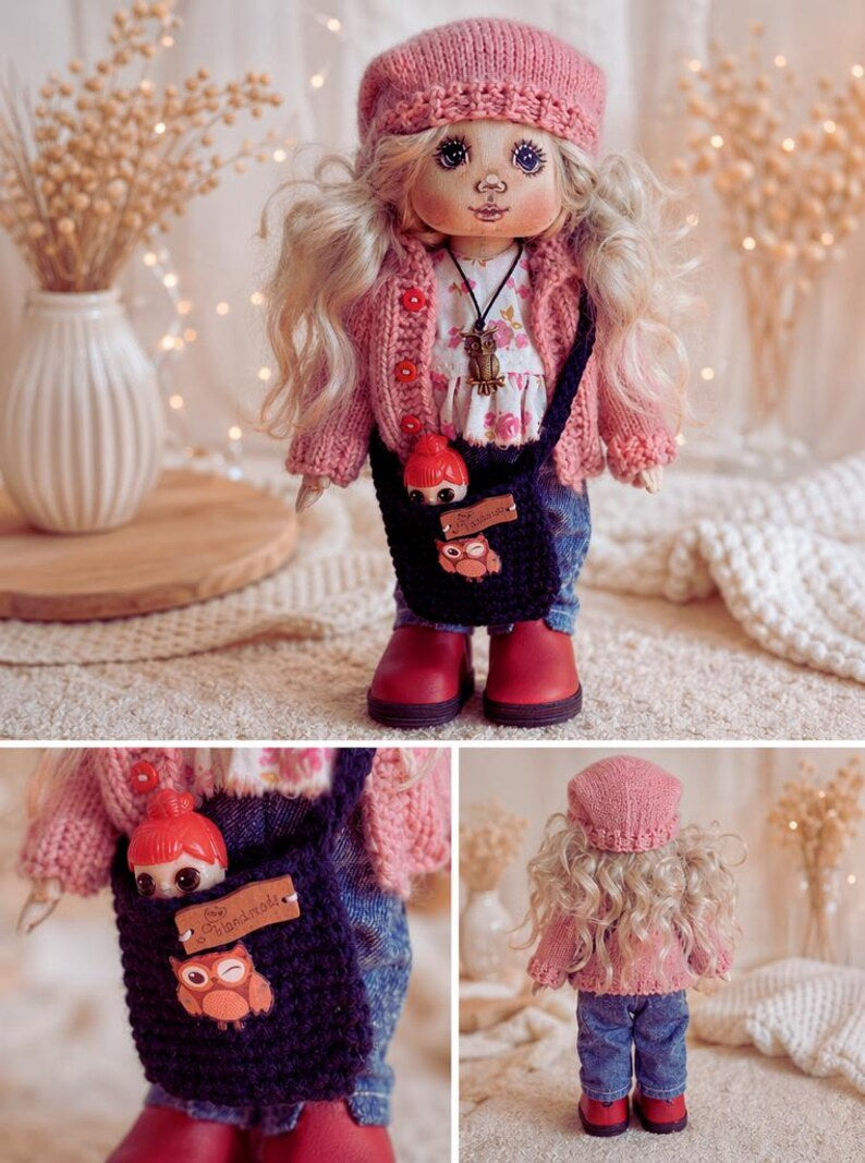 Blonde Cloth Art Doll with Owl Necklace