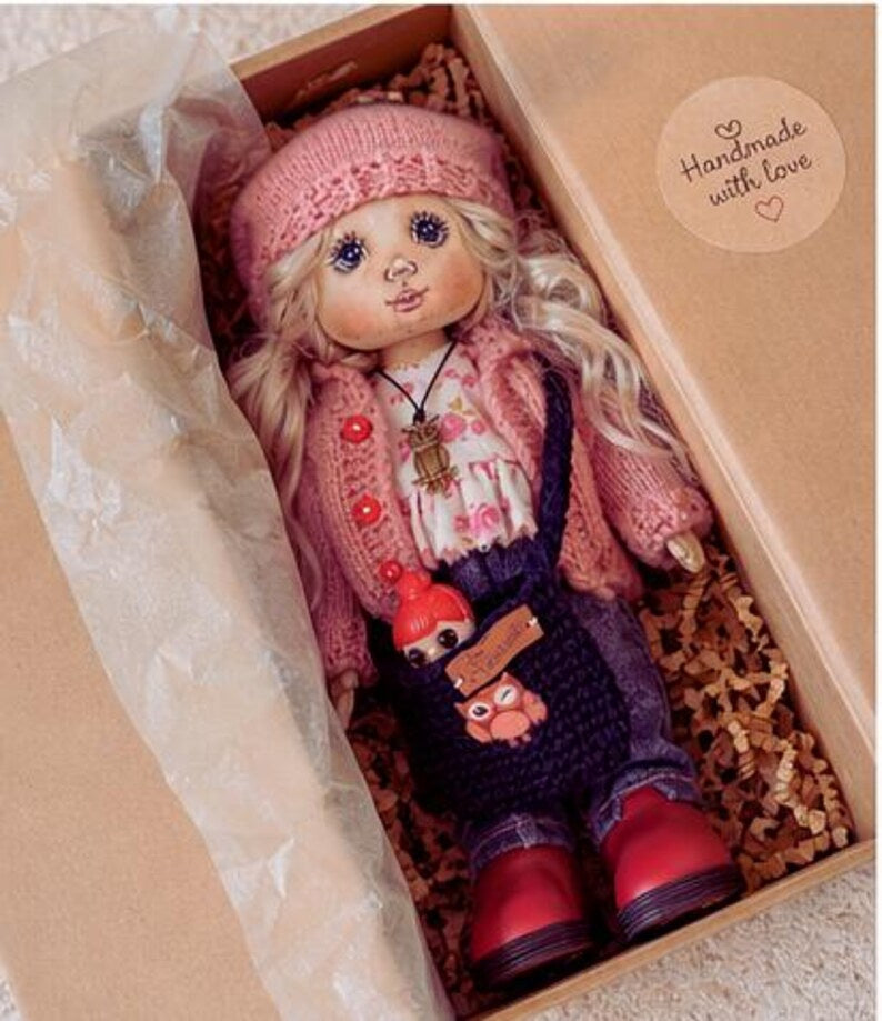 Blonde Cloth Art Doll with Owl Necklace