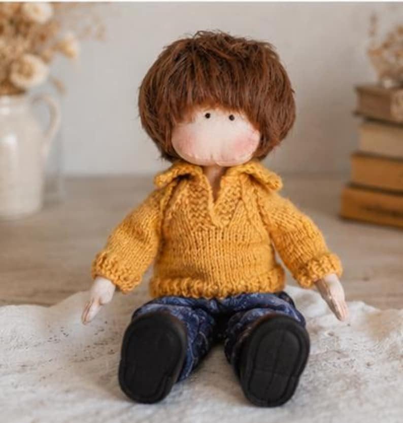 Handmade Cloth Boy Doll in Mustard Sweater