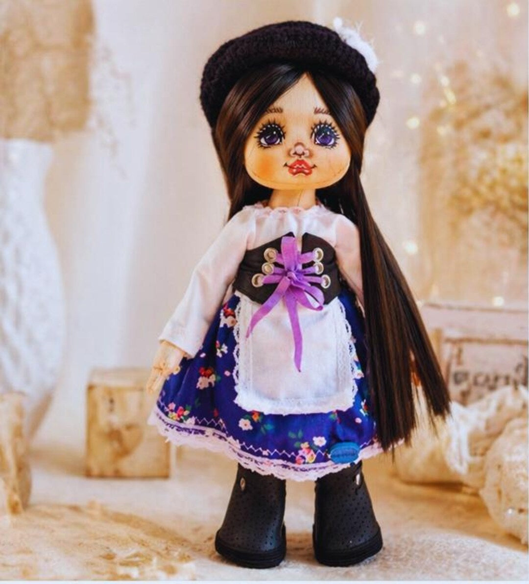 Brunette Cloth Art Doll in Floral Dress