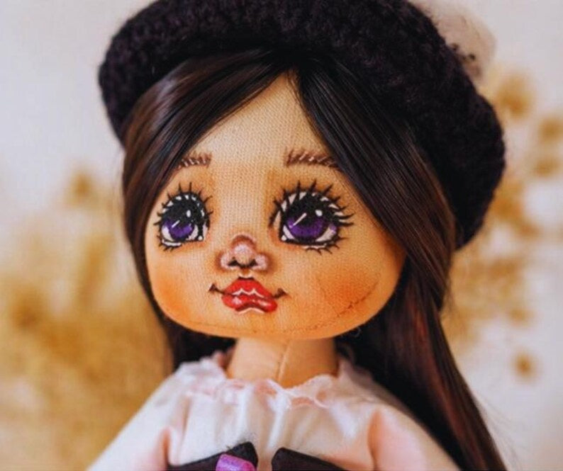 Brunette Cloth Art Doll in Floral Dress
