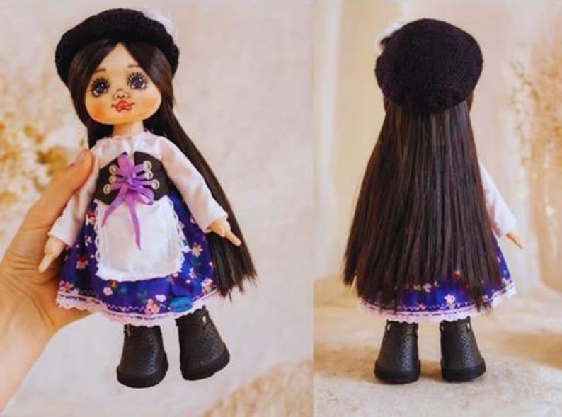 Brunette Cloth Art Doll in Floral Dress