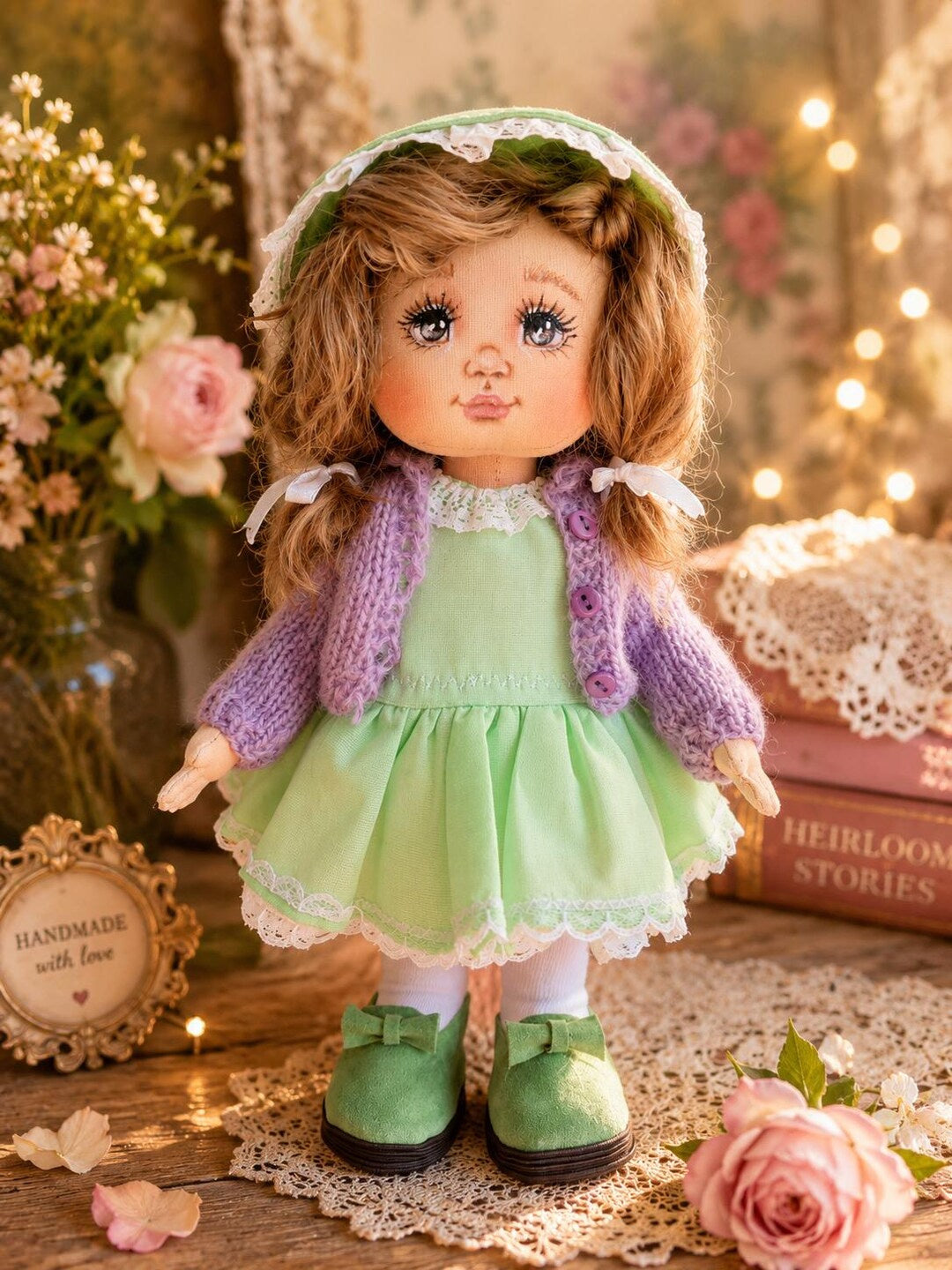 Cloth Art Doll in Mint Green Dress