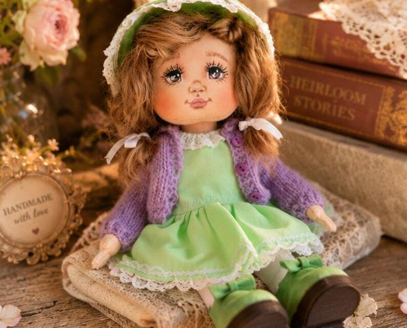 Cloth Art Doll in Mint Green Dress