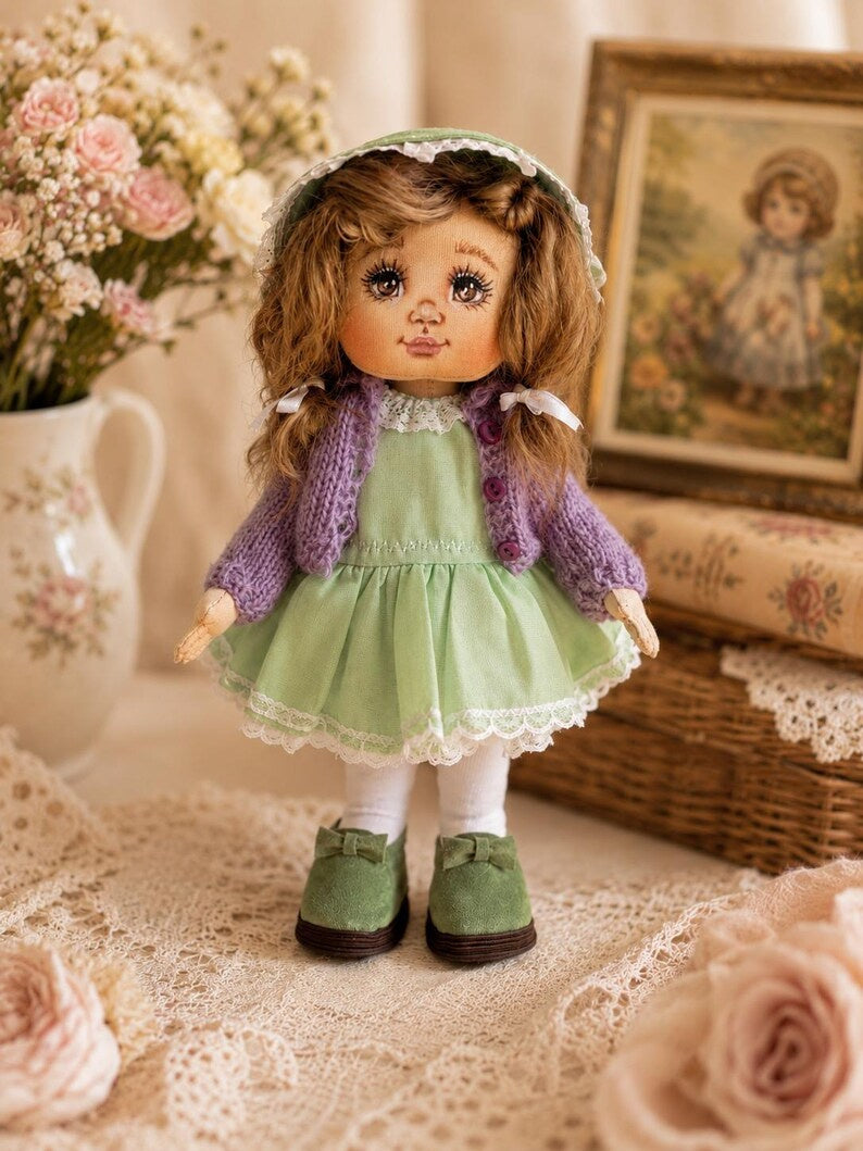 Cloth Art Doll in Mint Green Dress