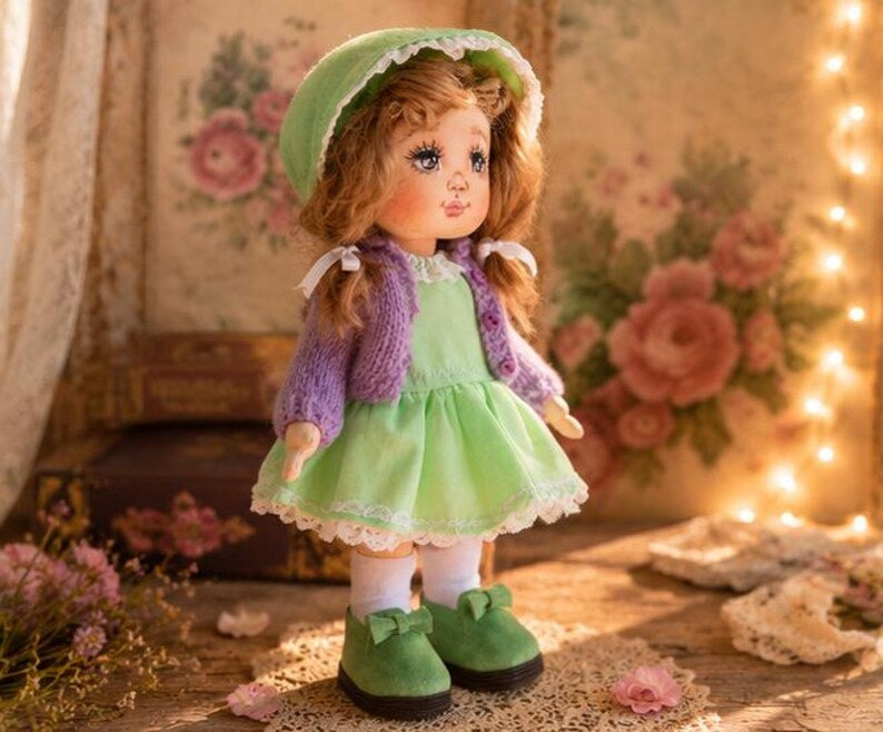 Cloth Art Doll in Mint Green Dress