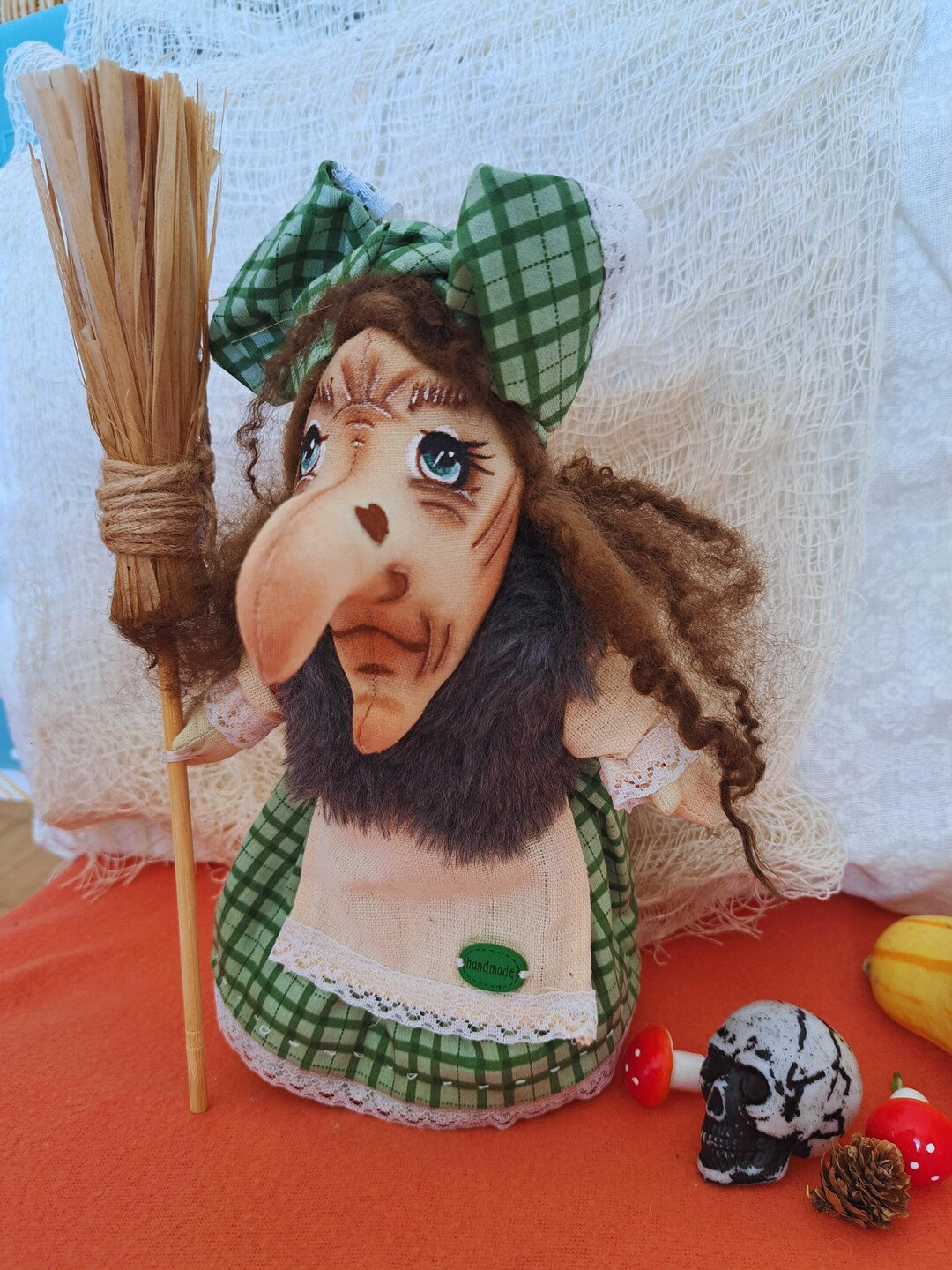 Handmade Textile Witch Doll with Broom