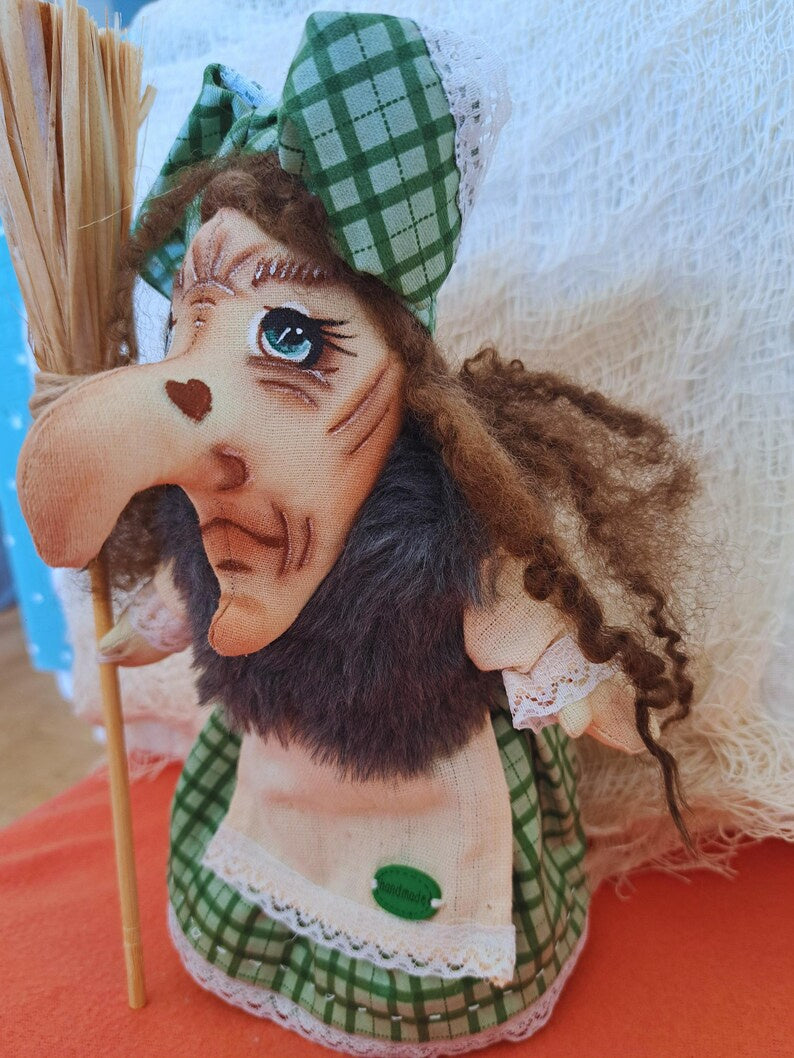 Handmade Textile Witch Doll with Broom