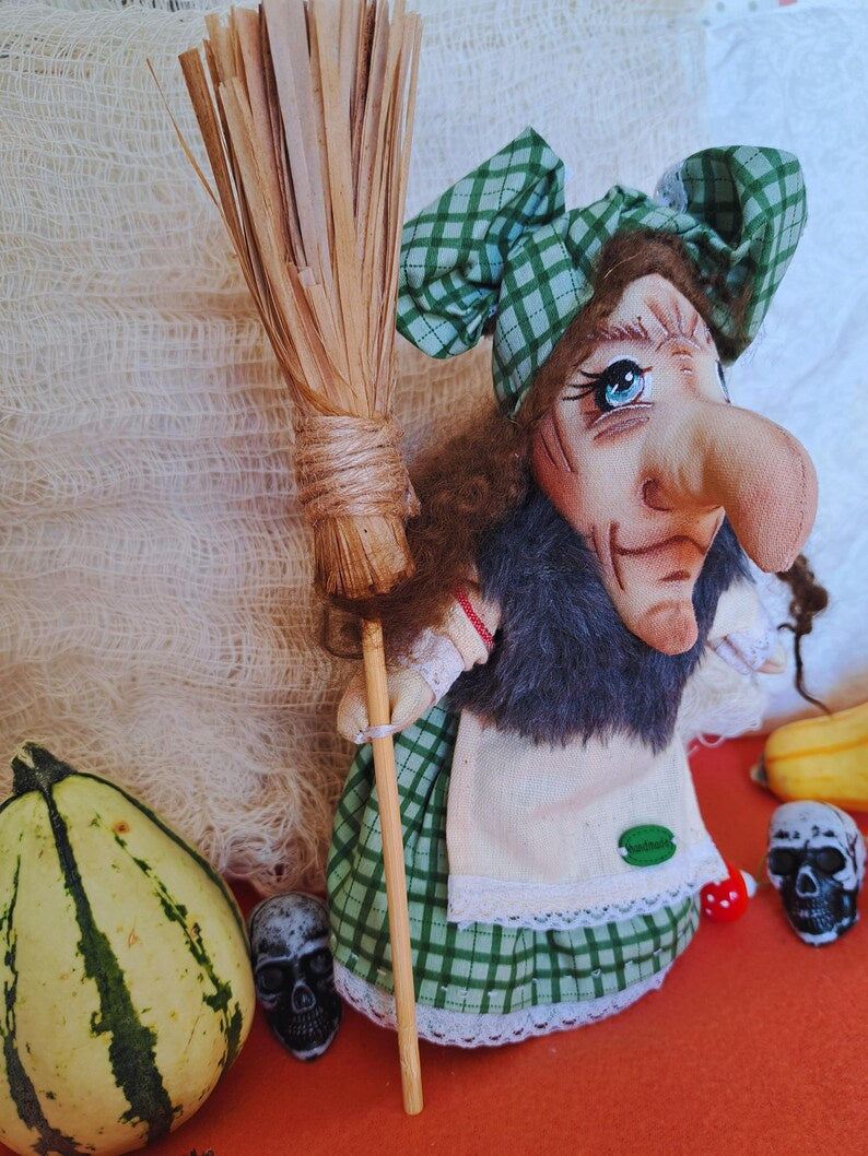 Handmade Textile Witch Doll with Broom