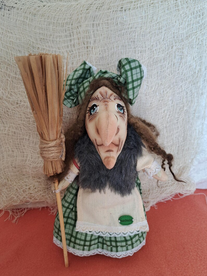 Handmade Textile Witch Doll with Broom